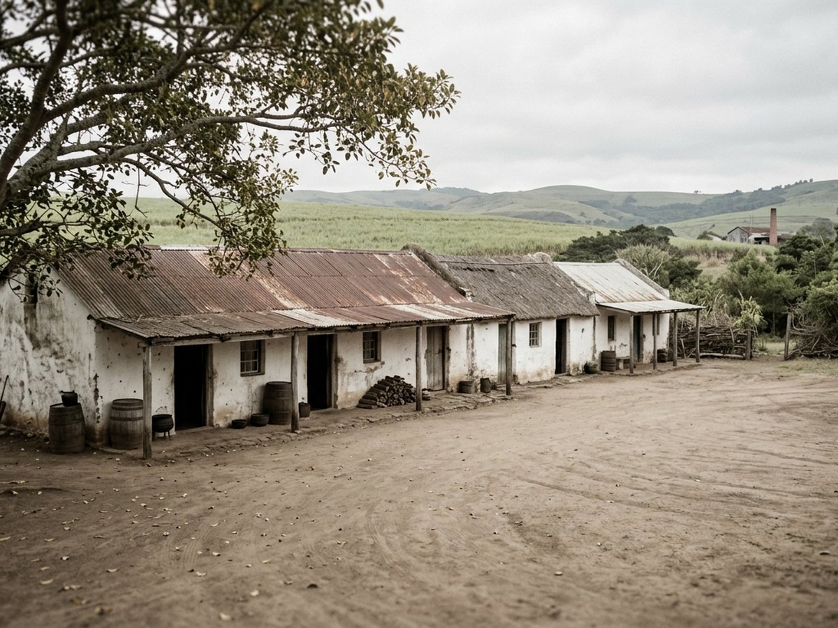 Whitewashed estate quarters on a Natal sugar estate. Illustration.