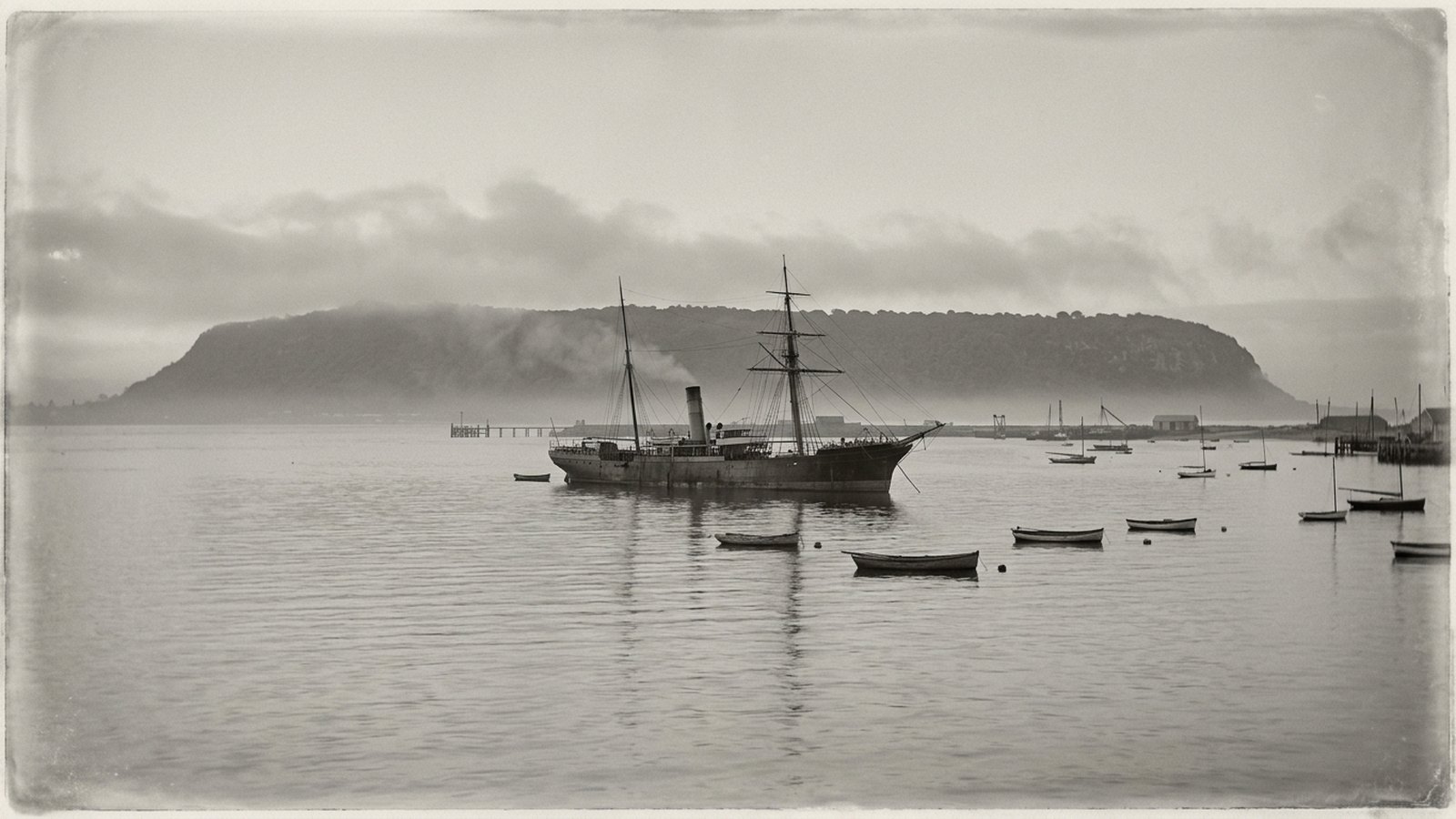 A steamship at anchor in Durban bay in the 1890s. Illustration.