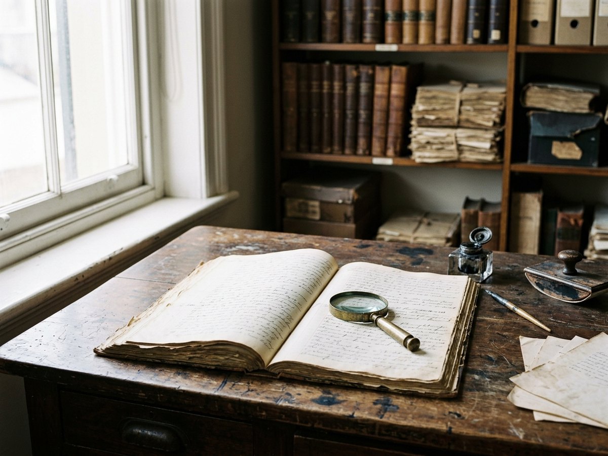 An open ship register with a brass magnifier. Illustration.