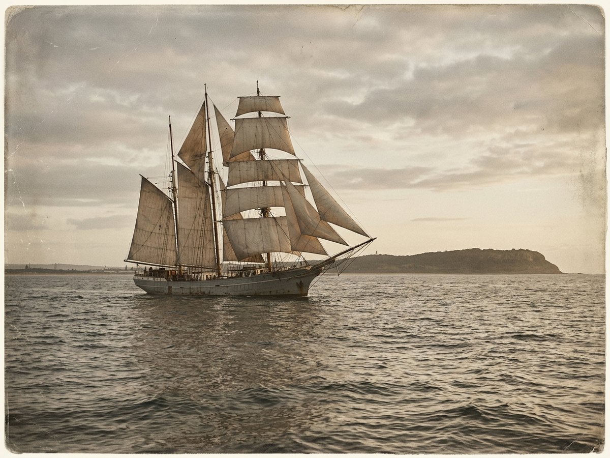 A three-masted sailing ship on the open ocean. Illustration.
