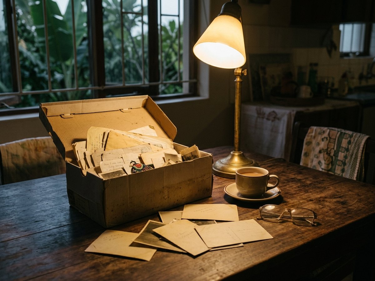 A shoebox of old family papers on a kitchen table. Illustration.