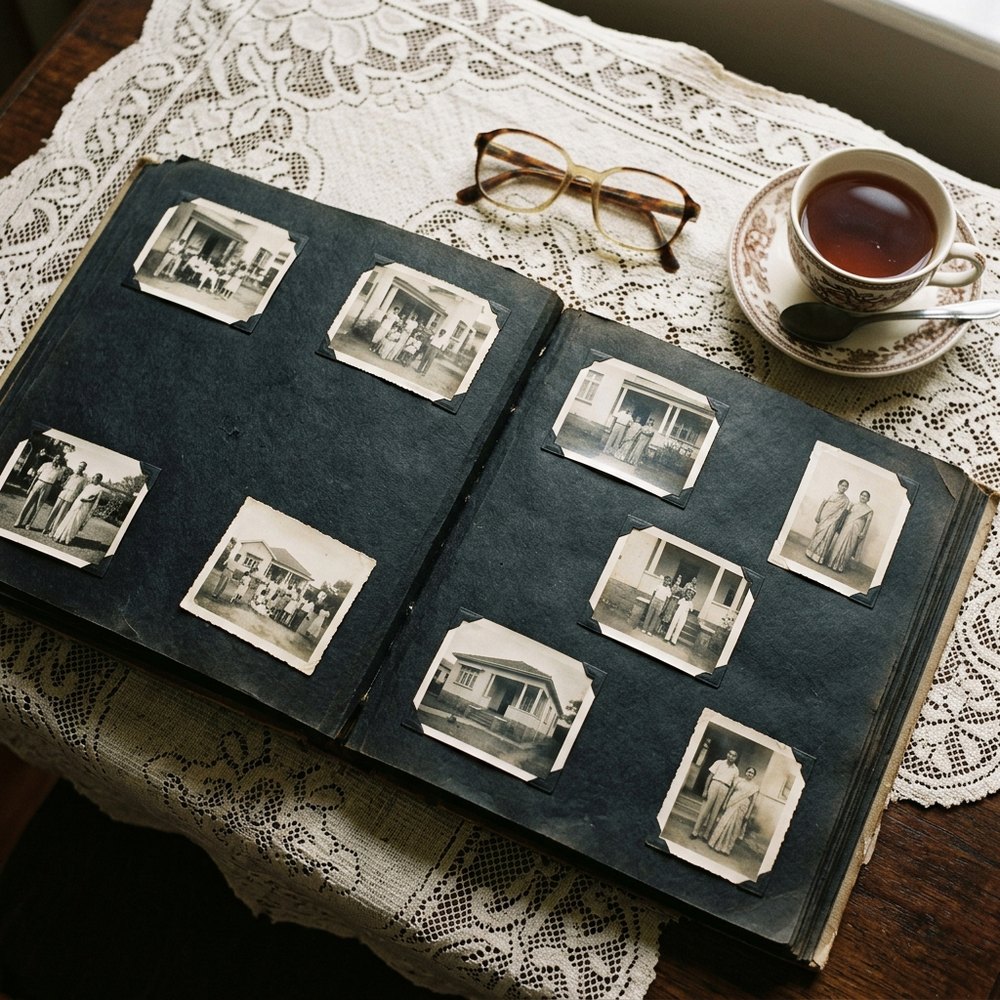 An open family album with old photographs. Generated image.