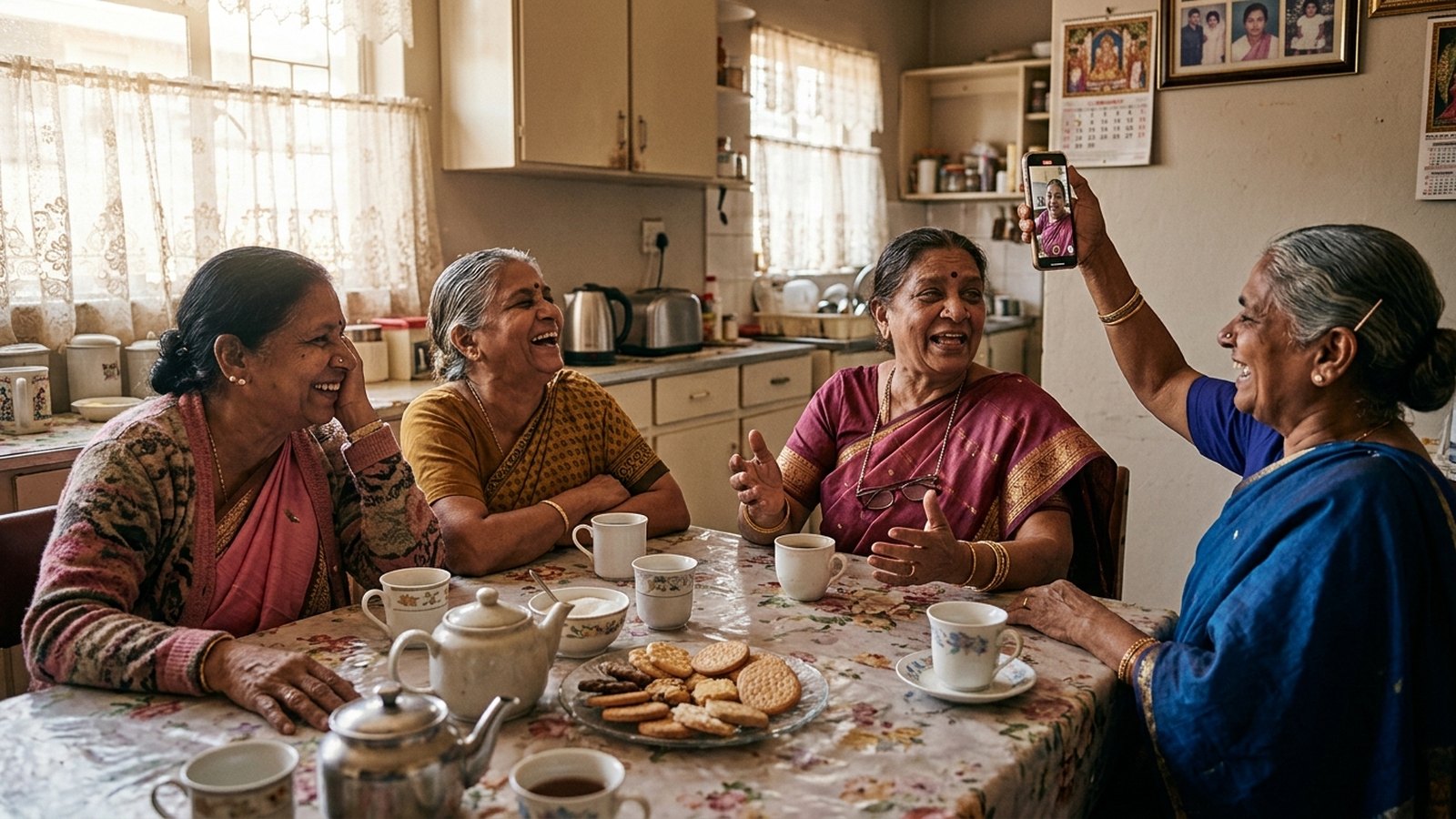 Four older women laughing around a kitchen table with tea and biscuits, one holding up a phone to record. Generated image.