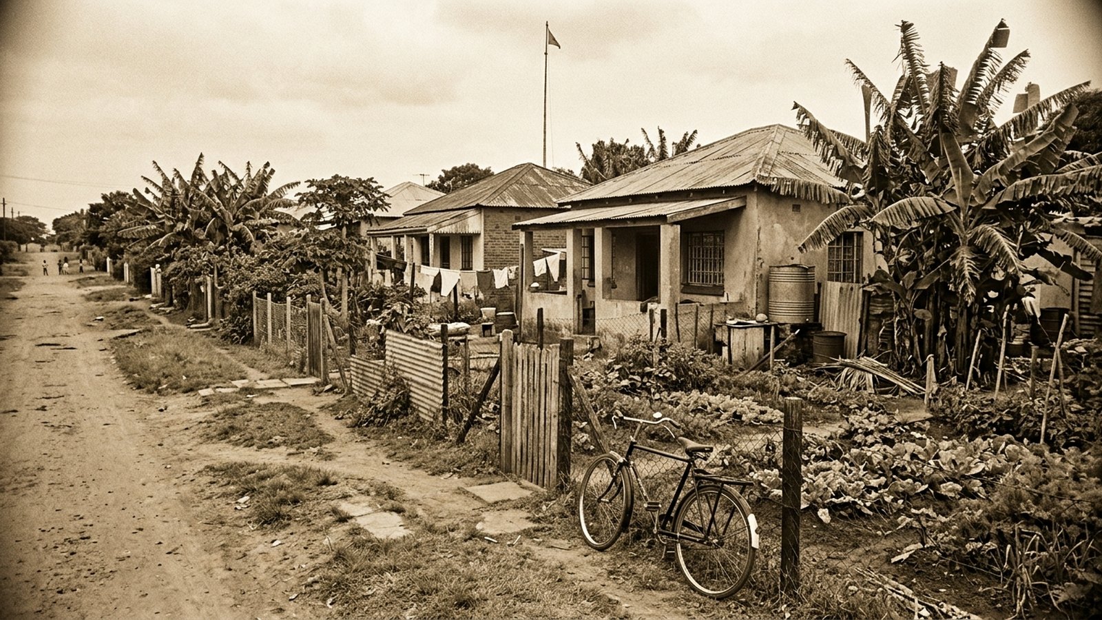 A sepia illustration of a south Durban street of the past. Generated image.