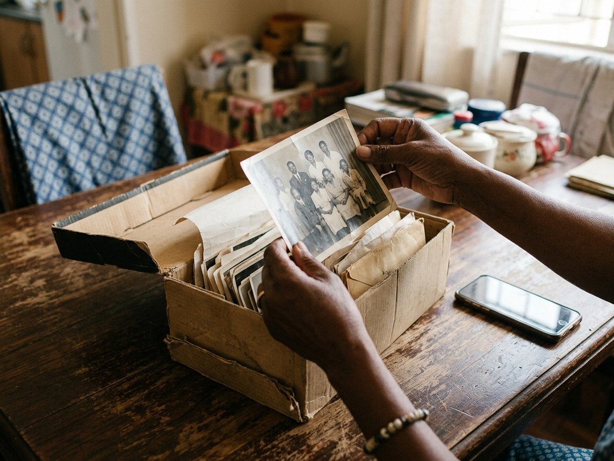 A shoebox of old family photographs on a table. Generated image.