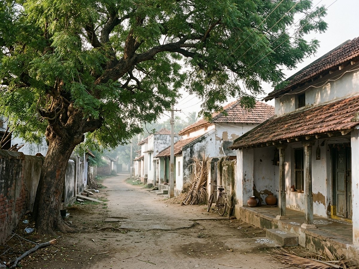 A quiet village lane with a tamarind tree. Illustration.